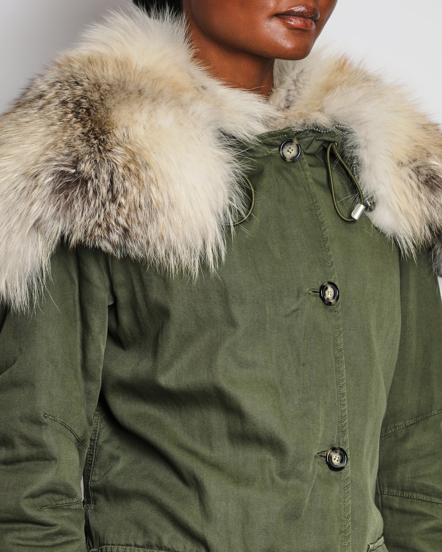 Ermanno Scervino Khaki Military Parker Jacket with Zipped Fox Fur Hood Size IT 40 (UK 8)