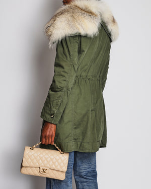 Ermanno Scervino Khaki Military Parker Jacket with Zipped Fox Fur Hood Size IT 40 (UK 8)