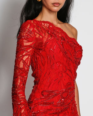 *VINTAGE* Emilio Pucci Red Sequin One-Sleeve Sequin Lace Mini Dress Size IT 40 (UK 8)