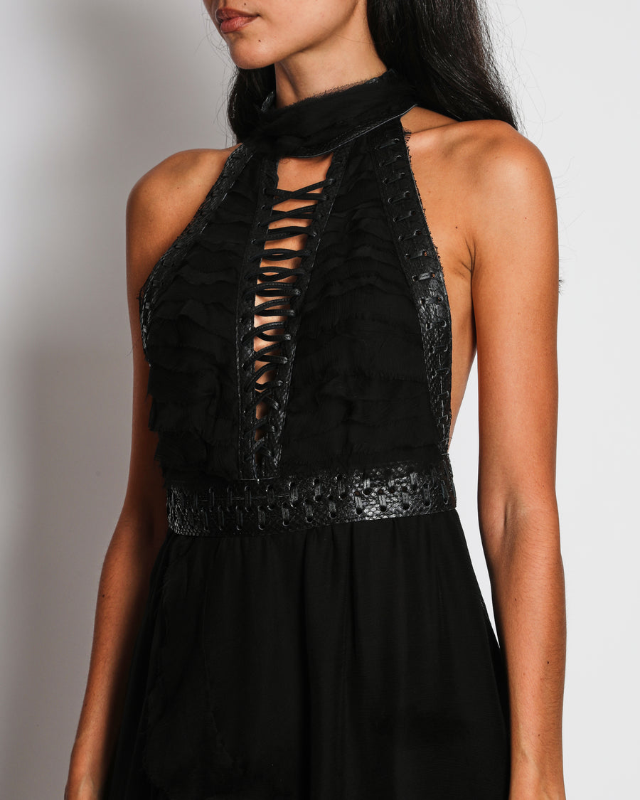 Aadnevik Black Halter Neck Tiered Mini Dress with Python Weaved Detail Size UK 8