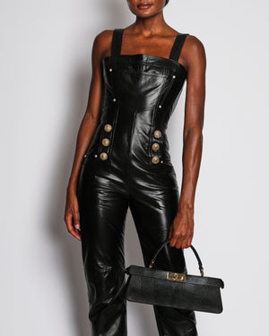 Balmain Black Leather Jumpsuit with Lion Button and Pocket Detail Size FR 36 (UK 8)