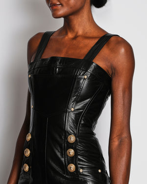 Balmain Black Leather Jumpsuit with Lion Button and Pocket Detail Size FR 36 (UK 8)