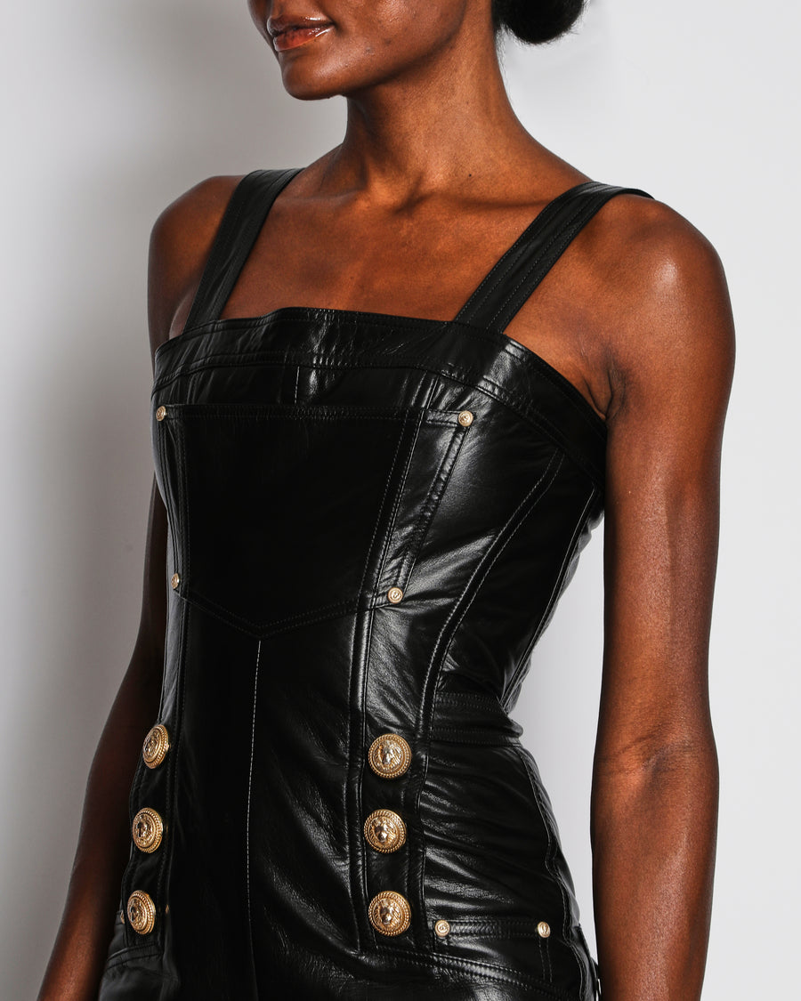 Balmain Black Leather Jumpsuit with Lion Button and Pocket Detail Size FR 36 (UK 8)