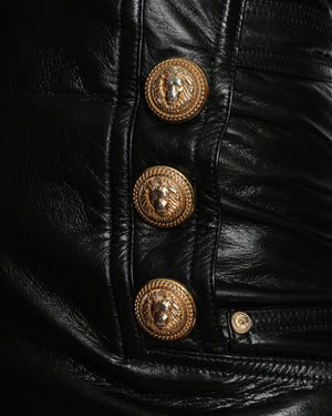 Balmain Black Leather Jumpsuit with Lion Button and Pocket Detail Size FR 36 (UK 8)