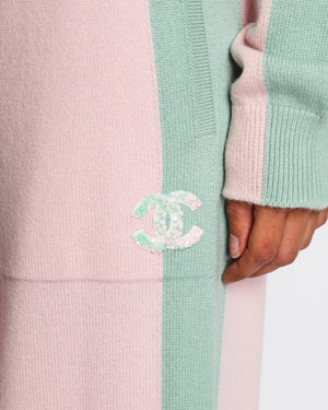 Chanel 24/C Pink and Pastel Green Cashmere Two-Piece Tracksuit Size FR 36/38 (UK 8/10)