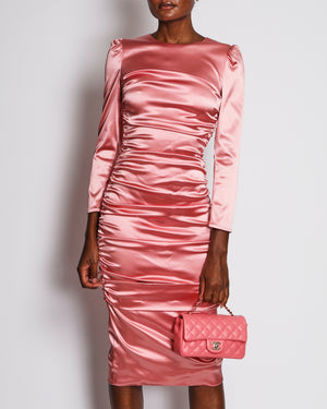 Dolce & Gabbana Pink Satin Long Sleeve Ruched Midi Dress Size IT 42 (UK 10)