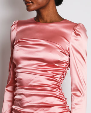 Dolce & Gabbana Pink Satin Long Sleeve Ruched Midi Dress Size IT 42 (UK 10)