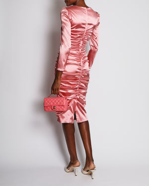 Dolce & Gabbana Pink Satin Long Sleeve Ruched Midi Dress Size IT 42 (UK 10)