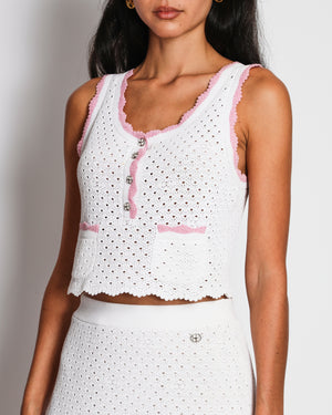 Chanel 25/C White and Pink Crochet Knitted Vest with Matching Skirt Set Size FR 36/38 (UK 8/10)