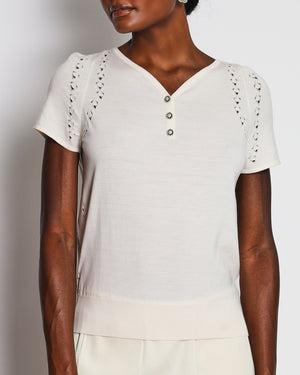 Chanel Ivory Short Sleeve Button Down Top with CC Logo Button Detail Size FR 36 (UK 8)