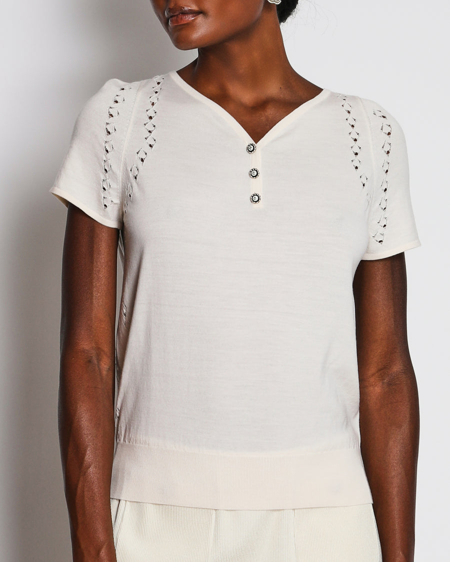 Chanel Ivory Short Sleeve Button Down Top with CC Logo Button Detail Size FR 36 (UK 8)