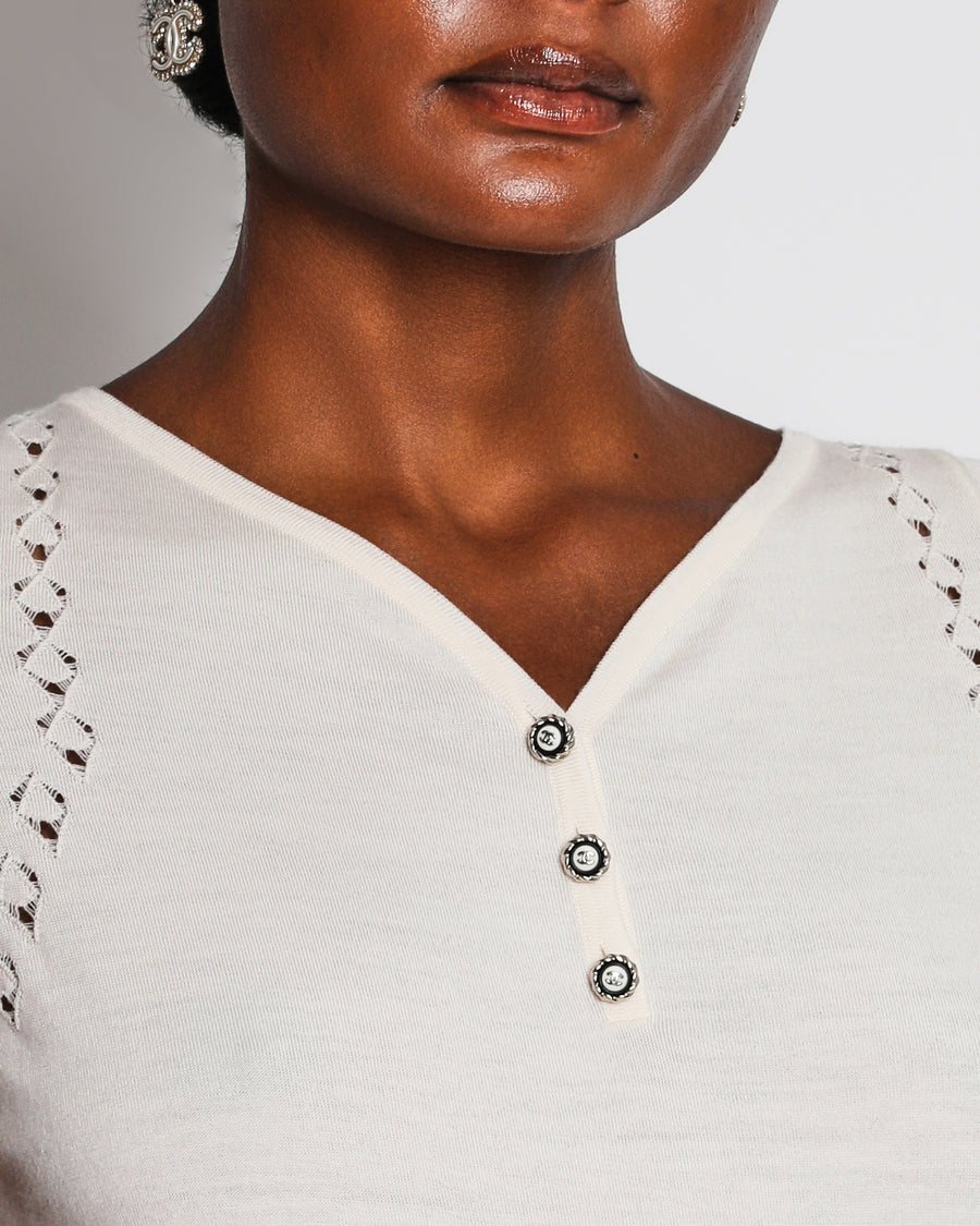 Chanel Ivory Short Sleeve Button Down Top with CC Logo Button Detail Size FR 36 (UK 8)