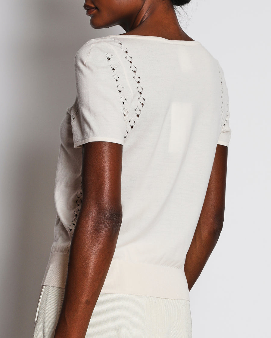 Chanel Ivory Short Sleeve Button Down Top with CC Logo Button Detail Size FR 36 (UK 8)