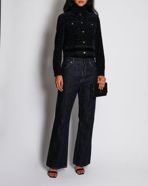 Christian Dior Navy Velvet Leopard Print Jacket with Logo Detail Size FR 34 (UK 6)