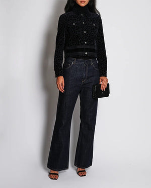 Christian Dior Navy Velvet Leopard Print Jacket with Logo Detail Size FR 34 (UK 6)