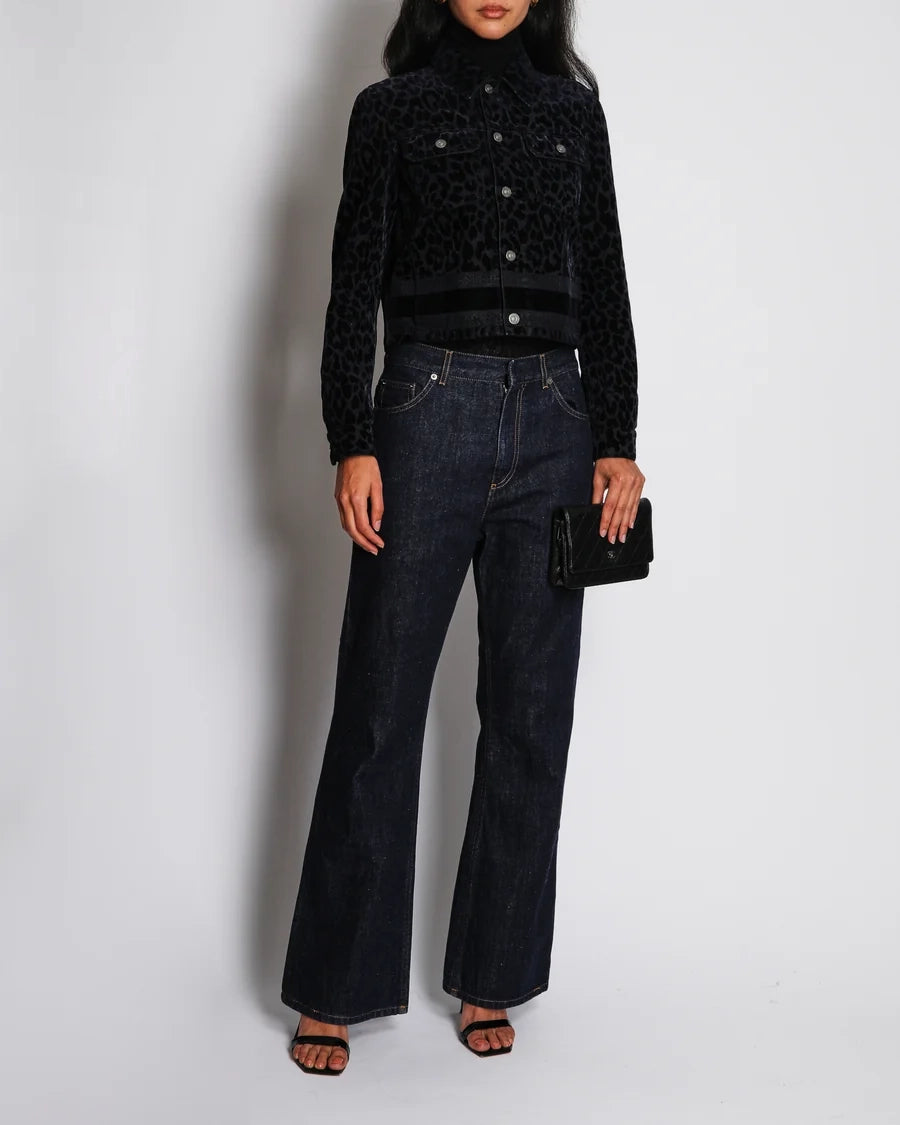 Christian Dior Navy Velvet Leopard Print Jacket with Logo Detail Size FR 34 (UK 6)