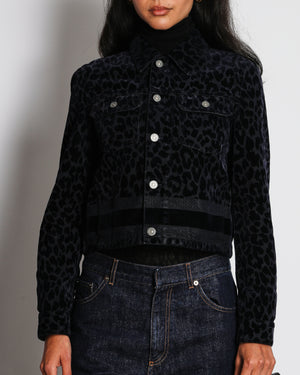 Christian Dior Navy Velvet Leopard Print Jacket with Logo Detail Size FR 34 (UK 6)
