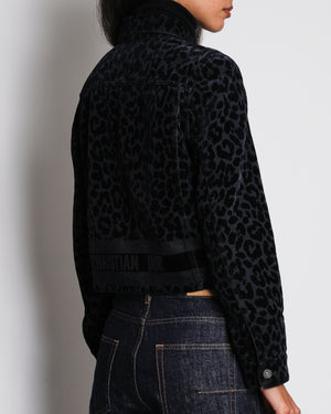 Christian Dior Navy Velvet Leopard Print Jacket with Logo Detail Size FR 34 (UK 6)