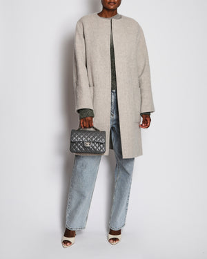 Celine Grey Lama Wool Collarless Coat with Leather Triomphe Logo Detail Size FR 36 (UK 8)