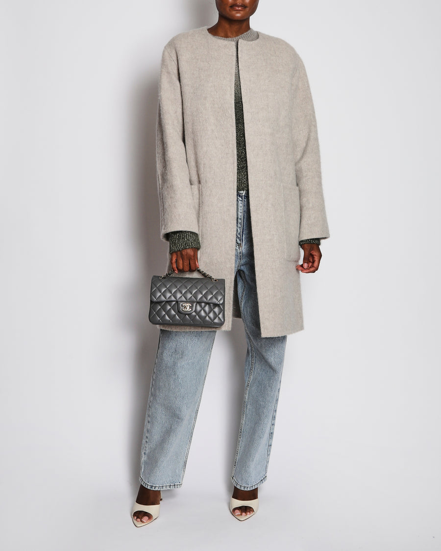 Celine Grey Lama Wool Collarless Coat with Leather Triomphe Logo Detail Size FR 36 (UK 8)