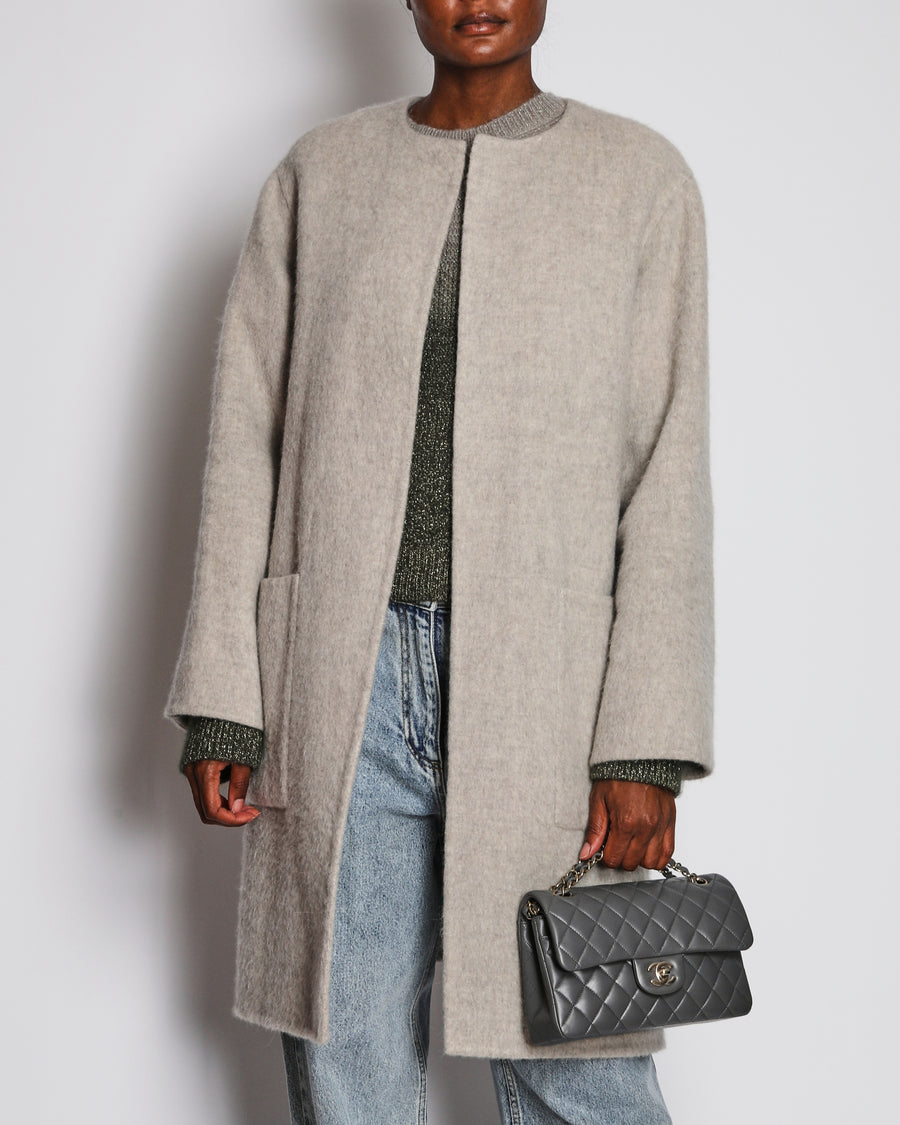 Celine Grey Lama Wool Collarless Coat with Leather Triomphe Logo Detail Size FR 36 (UK 8)