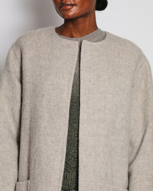 Celine Grey Lama Wool Collarless Coat with Leather Triomphe Logo Detail Size FR 36 (UK 8)