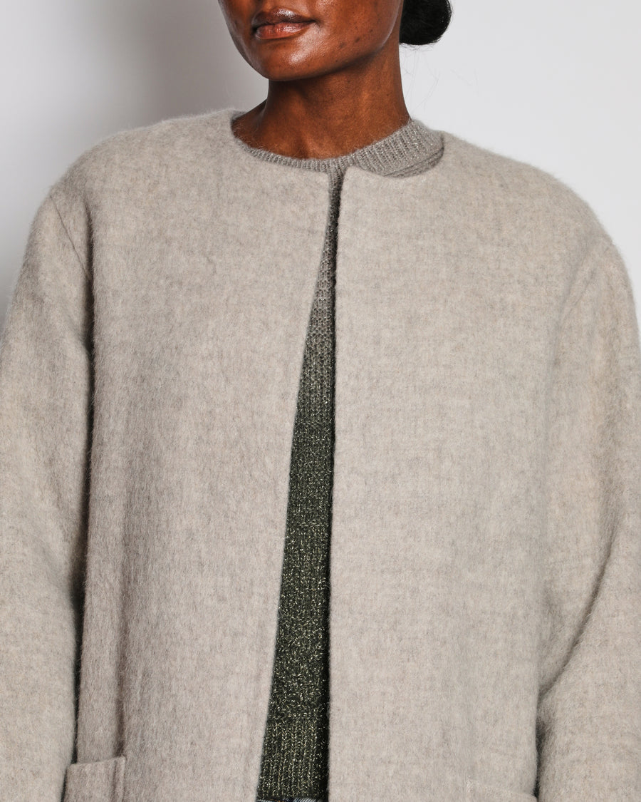 Celine Grey Lama Wool Collarless Coat with Leather Triomphe Logo Detail Size FR 36 (UK 8)