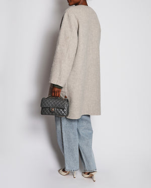 Celine Grey Lama Wool Collarless Coat with Leather Triomphe Logo Detail Size FR 36 (UK 8)