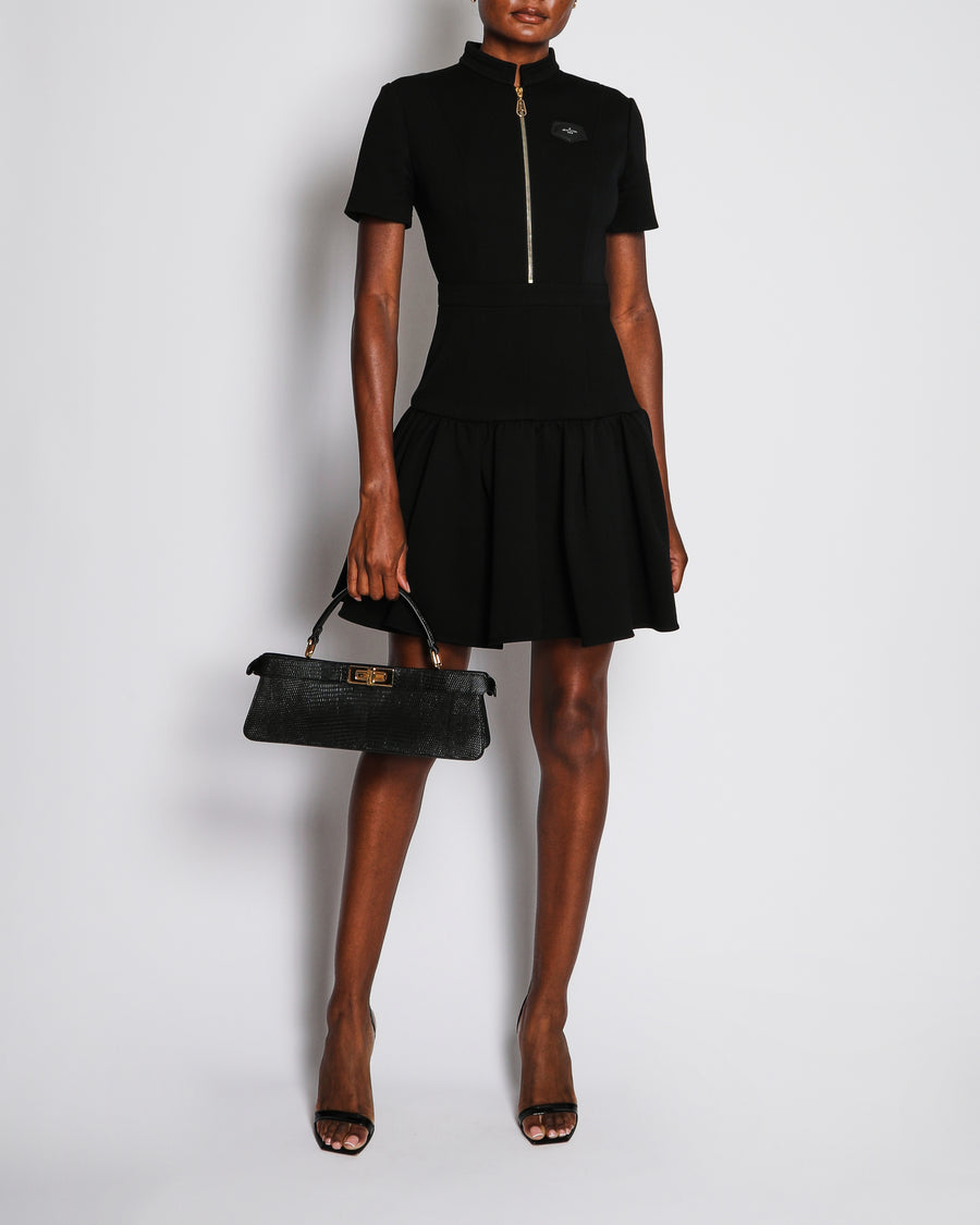 Louis Vuitton Black Short Sleeve Peplum Dress with Patch Leather Logo Size FR 36 (UK 8)