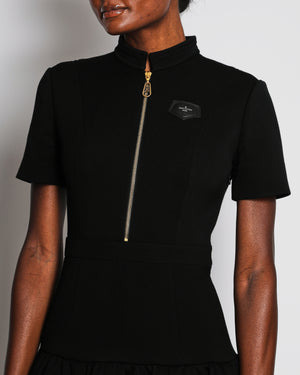 Louis Vuitton Black Short Sleeve Peplum Dress with Patch Leather Logo Size FR 36 (UK 8)