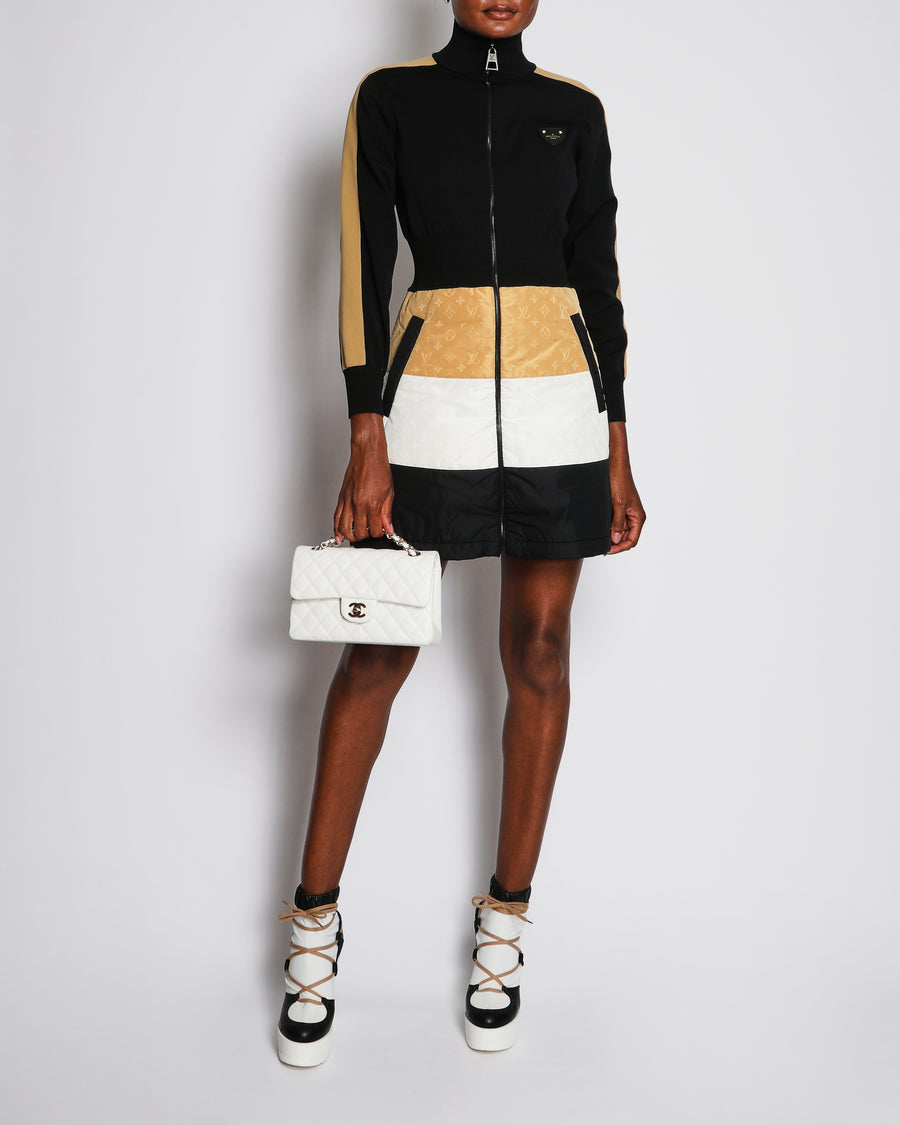 Louis Vuitton Black, White and Beige Long Sleeves Mini Dress With Monogram Size FR 36 (UK 8)