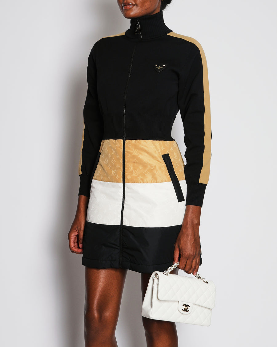 Louis Vuitton Black, White and Beige Long Sleeves Mini Dress With Monogram Size FR 36 (UK 8)