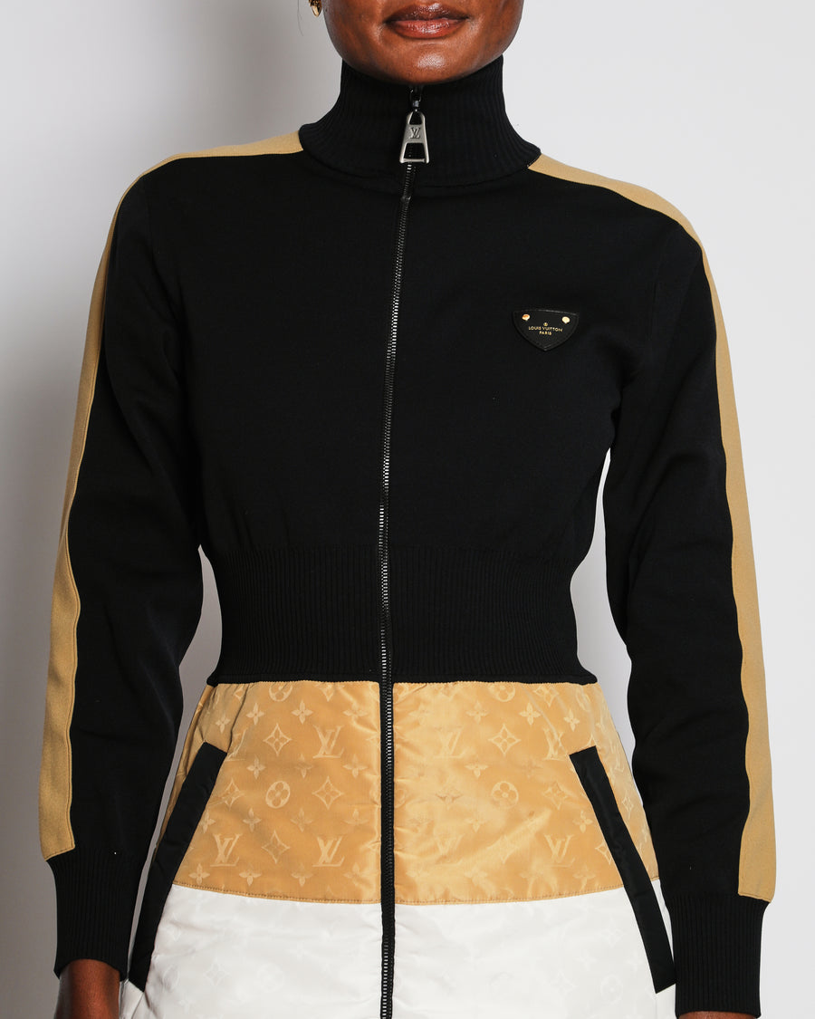 Louis Vuitton Black, White and Beige Long Sleeves Mini Dress With Monogram Size FR 36 (UK 8)