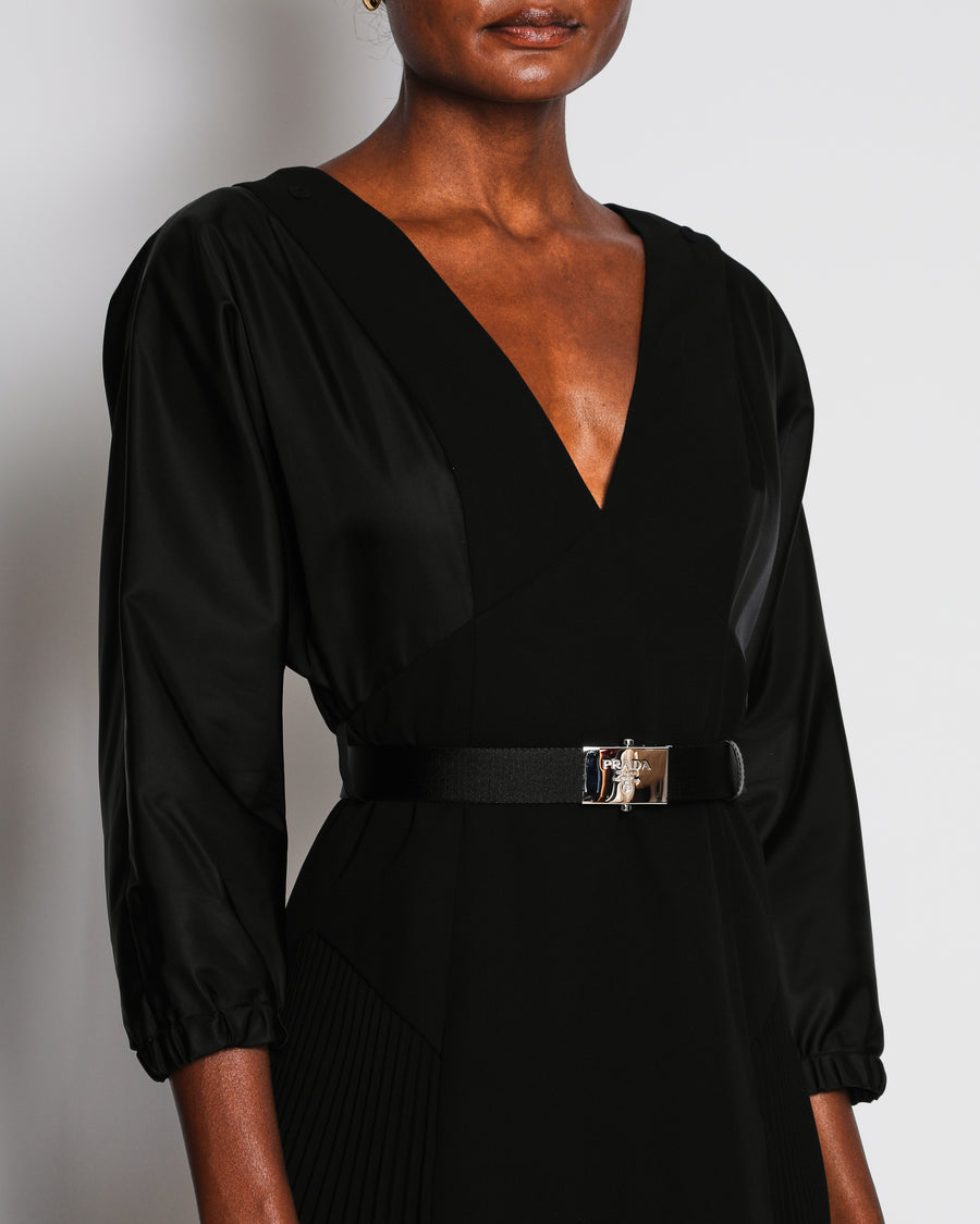 Prada Black Midi Dress With Pleats Details, Belt and Re-Nylon Sleeves Details Size IT 40 (UK 8)