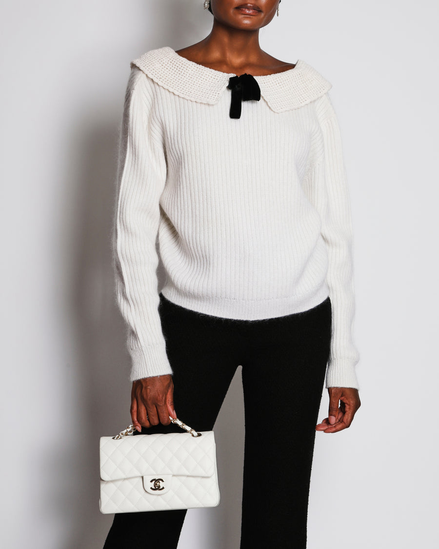Miu Miu Cream Jumper With Crochet and Black Bow Collar Details Size IT 44 ( UK 12)
