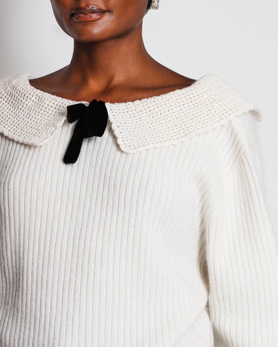 Miu Miu Cream Jumper With Crochet and Black Bow Collar Details Size IT 44 ( UK 12)
