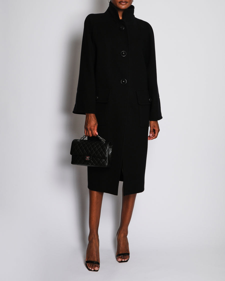 Chanel Black Wool Long Single Breasted Coat Size FR 40 (UK 12)