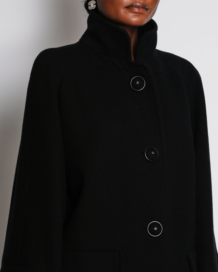 Chanel Black Wool Long Single Breasted Coat Size FR 40 (UK 12)