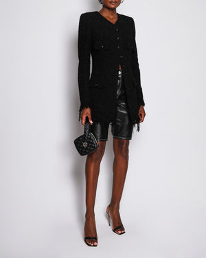 Chanel 22/C Black Long Line Collarless Jacket with Frayed Edge and CC Button Detail Size FR 38 (UK 10)