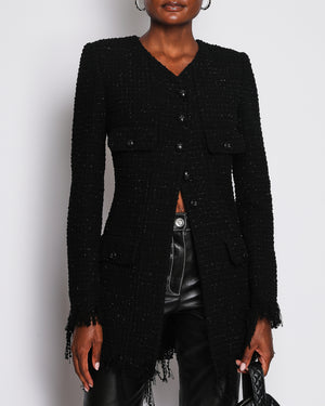 Chanel 22/C Black Long Line Collarless Jacket with Frayed Edge and CC Button Detail Size FR 38 (UK 10)
