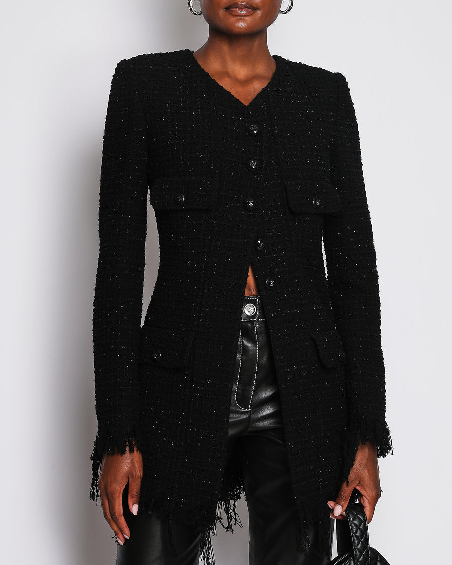 Chanel 22/C Black Long Line Collarless Jacket with Frayed Edge and CC Button Detail Size FR 38 (UK 10)