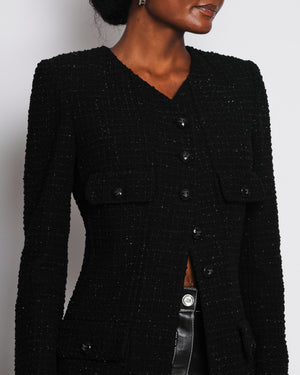 Chanel 22/C Black Long Line Collarless Jacket with Frayed Edge and CC Button Detail Size FR 38 (UK 10)