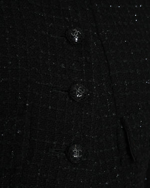 Chanel 22/C Black Long Line Collarless Jacket with Frayed Edge and CC Button Detail Size FR 38 (UK 10)