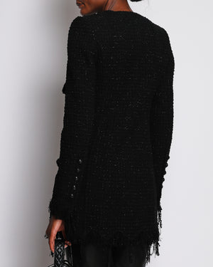 Chanel 22/C Black Long Line Collarless Jacket with Frayed Edge and CC Button Detail Size FR 38 (UK 10)