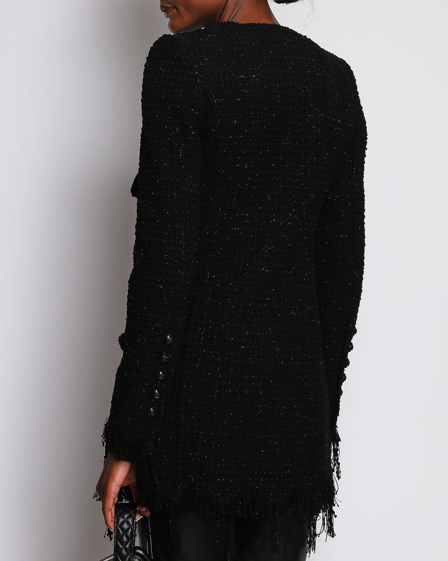 Chanel 22/C Black Long Line Collarless Jacket with Frayed Edge and CC Button Detail Size FR 38 (UK 10)