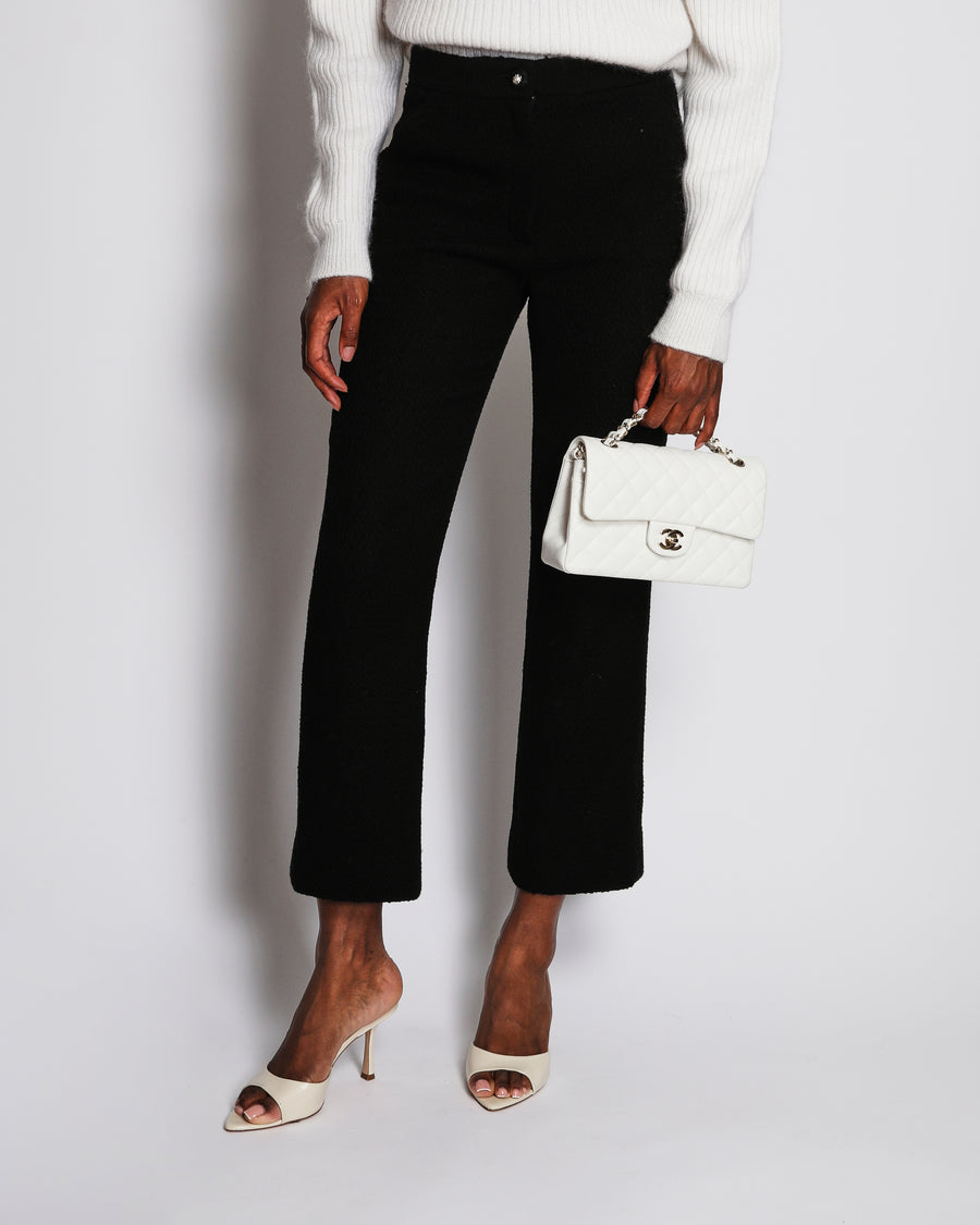 Chanel Black Straight-Leg Tweed Trousers with Silver Lion Head Button Detail Size FR 36 (UK 8)