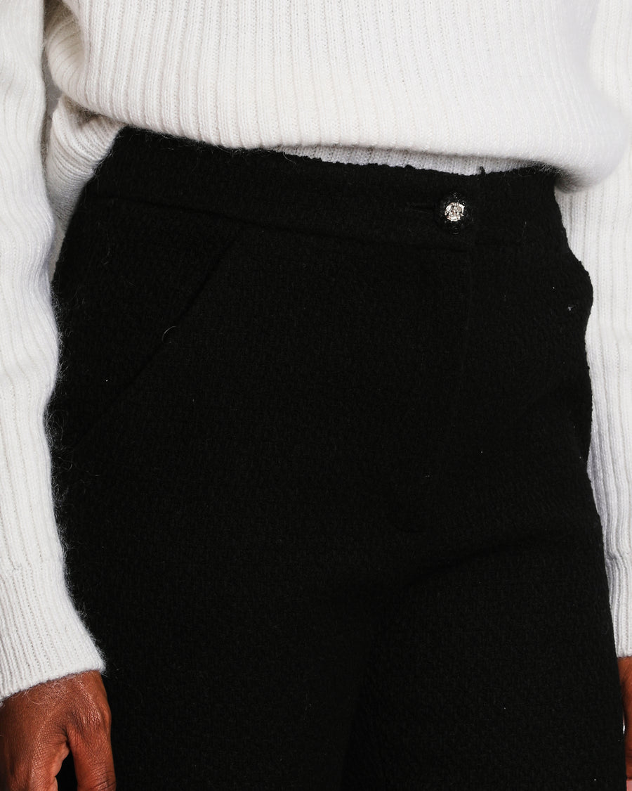 Chanel Black Straight-Leg Tweed Trousers with Silver Lion Head Button Detail Size FR 36 (UK 8)