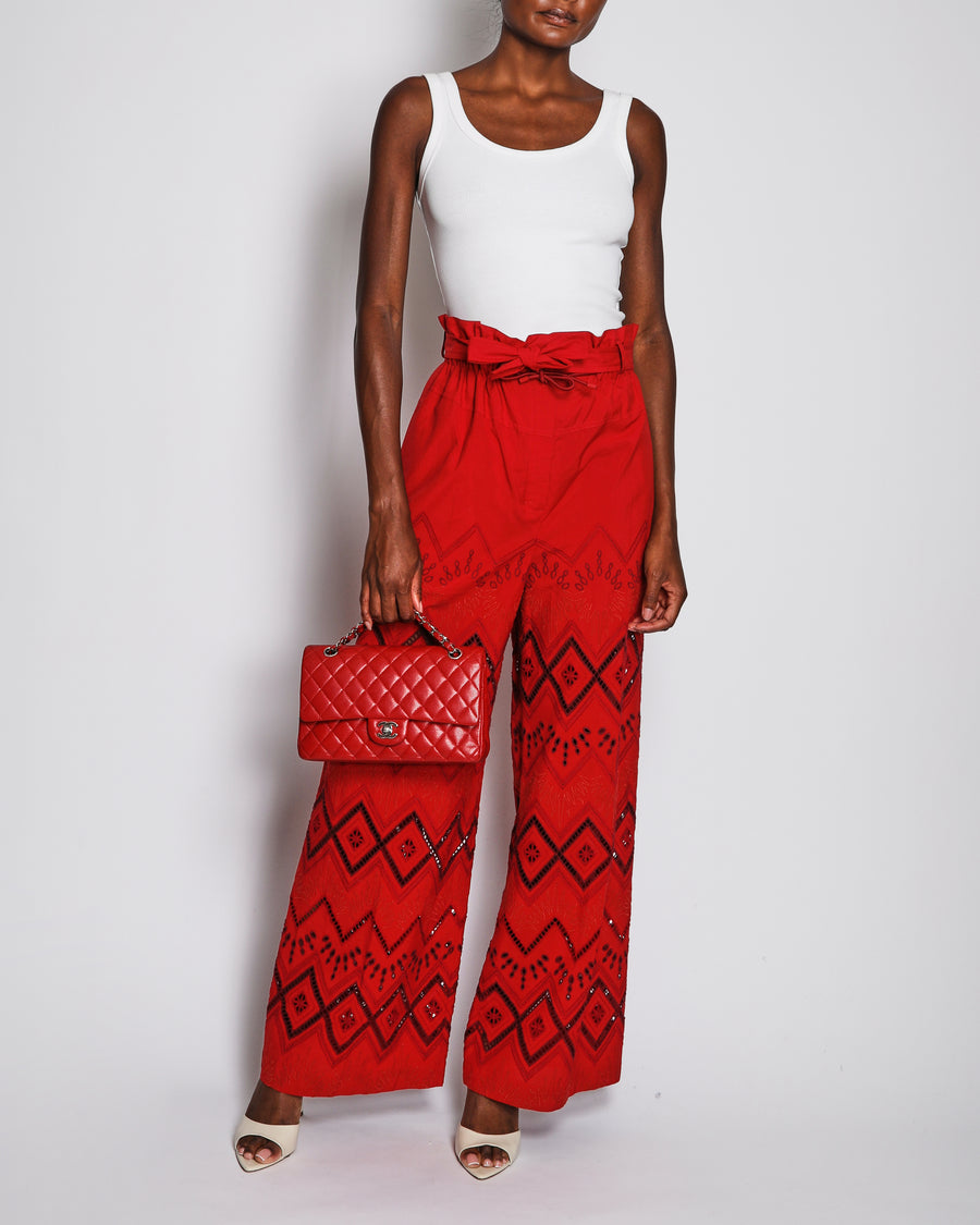 Hermes Red Palazzo Trousers with Bohemian Embroidery and Cut Out Detail Size FR 36 (UK 8)