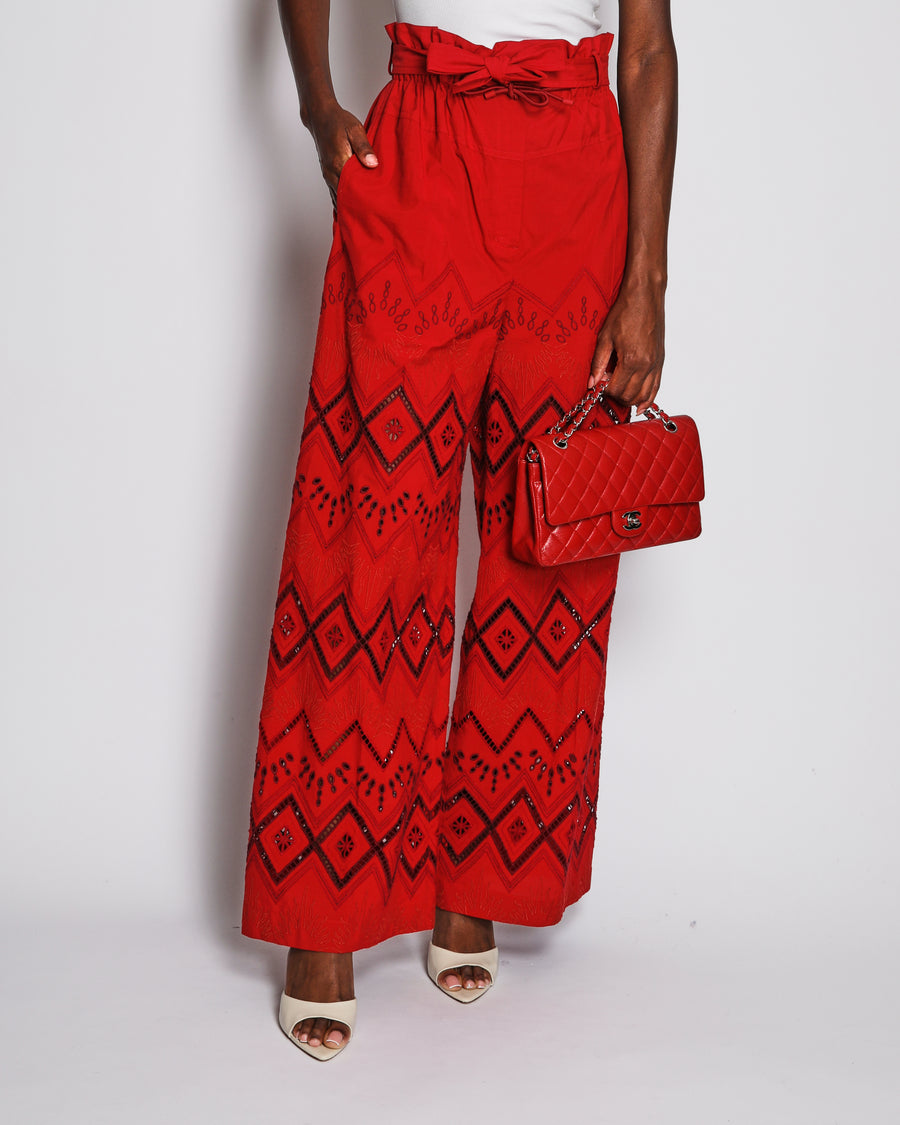 Hermes Red Palazzo Trousers with Bohemian Embroidery and Cut Out Detail Size FR 36 (UK 8)