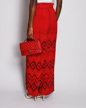 Hermes Red Palazzo Trousers with Bohemian Embroidery and Cut Out Detail Size FR 36 (UK 8)